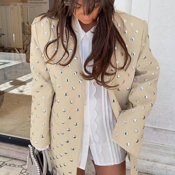 Beige Casual Women's Rivet Decoration Long Sleeve Blazer Coat - Picture 3 of 11